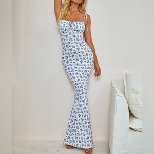 SHEIN Blue Floral Tie-Shoulder Maxi Dress